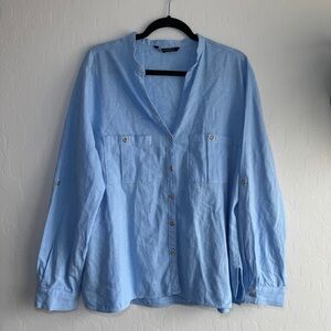 ZARA Blue Linen Blend Button Down Shirt XXL Women's Roll Tab Sleeve Coastal Top